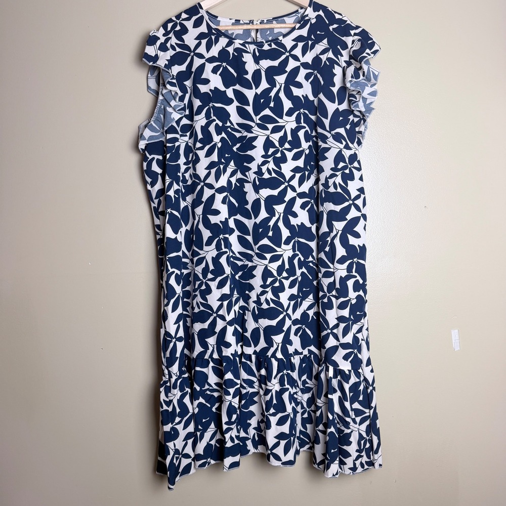 Plus Size Dress 5XL Navy White Botanical Flutter Sleeve Midi Ruffle Hem